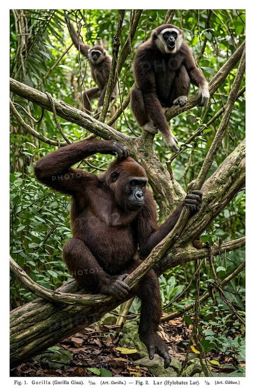 Display board apes, white-handed gibbon or lar (Hylobates lar), gorillas (gorilla), animal kingdom, animal world, wild animal, habitat, fauna, great ape, primates, new world apes, historical illustration, digitally processed