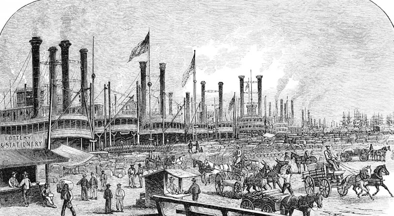 Numerous steamboats with smoking chimneys at the quay in the harbour of New Orleans on the Mississippi, goods handling, many people, wagons with horses for transporting goods, economy, trade, flags, stalls, state of Louisiana, travel, USA, historical illustration 18888