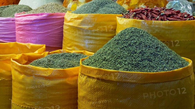 Sacks of herbs and spices, Medina of Meknes, Morocco