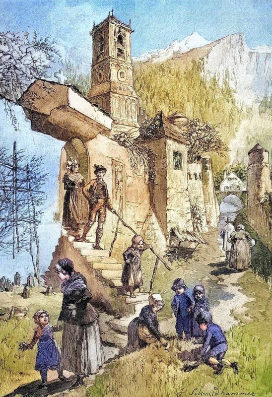 Easter morning in Austria, coloured wood engraving, reproduction of an original from ca 1888, historical, village scene with adults and children on a walk, ruins, mountains in the background