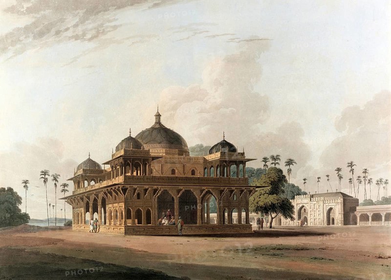 The Mausoleum of Mucdoom Shah Dowlut, at Moneah, on the River Soana, The town of Moneah is situated on the east bank of the Soane, almost at the confluence of this river with the Ganges, about twenty-five miles west of the town of Patna, ca 1880, digitally enhanced reproduction of a 19th century original