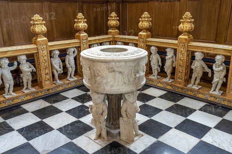 Baptismal font in the interior of the Evangelical Lutheran Church of the Saviour in front of Frelsers Kirke, Copenhagen, Denmark