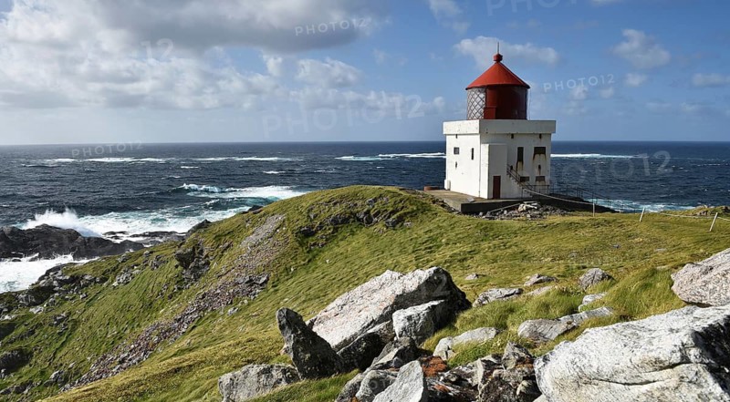 Beacon, Runde fyr, on the Atlantic Ocean, on the island Runde, Norway