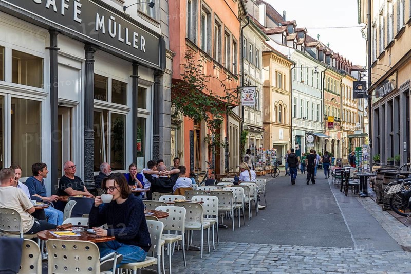 Cafe Müller and other street cafés in Austraße, Bamberg, Bavaria, Germany
