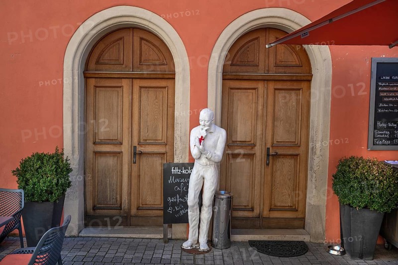 Reflective sculpture in front of the entrance to the museum café, Martin-Luther-Platz 1, Weissenburg, Middle Franconia, Bavaria, Germany