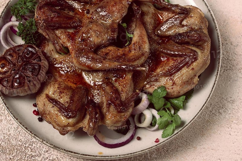 Fried, quail meat, tobacco (tapaka), with spices, homemade, no people