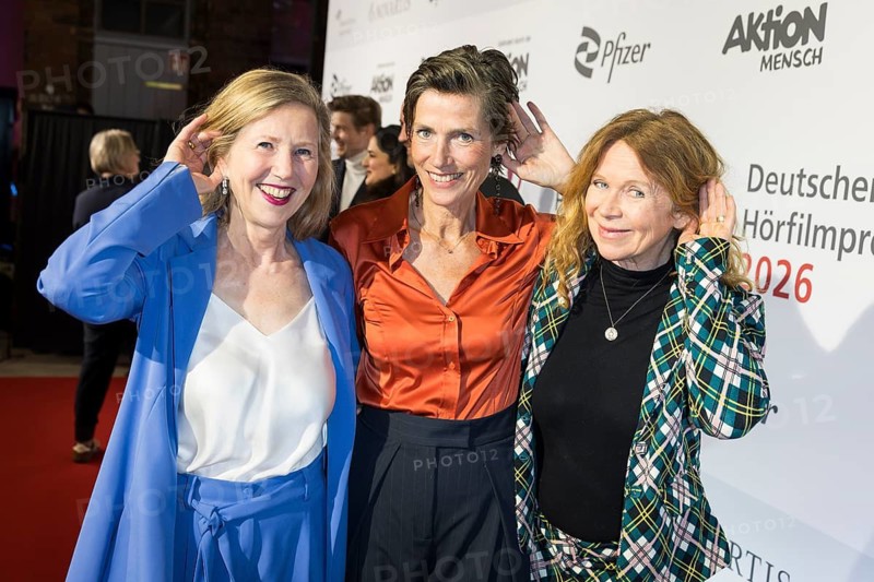 Petra Zieser, Julia Bremermann and Marion Kracht in front of the German Audio Film Awards ceremony at the Colosseum cinema in Berlin on 24.03.2026