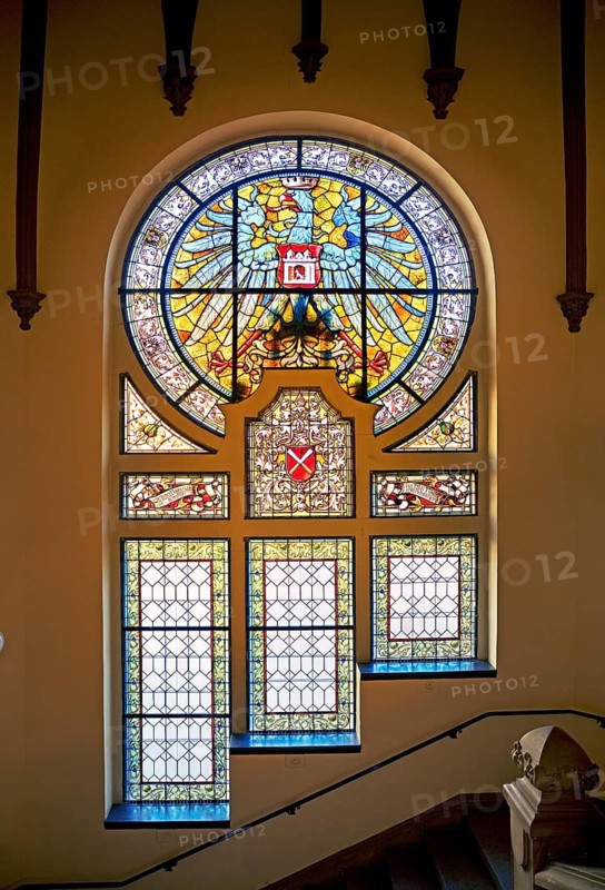 Stained glass window in the main staircase with the town coat of arms by Ferdinand Müller in Quedlinburg Town Hall, Saxony-Anhalt, Germany