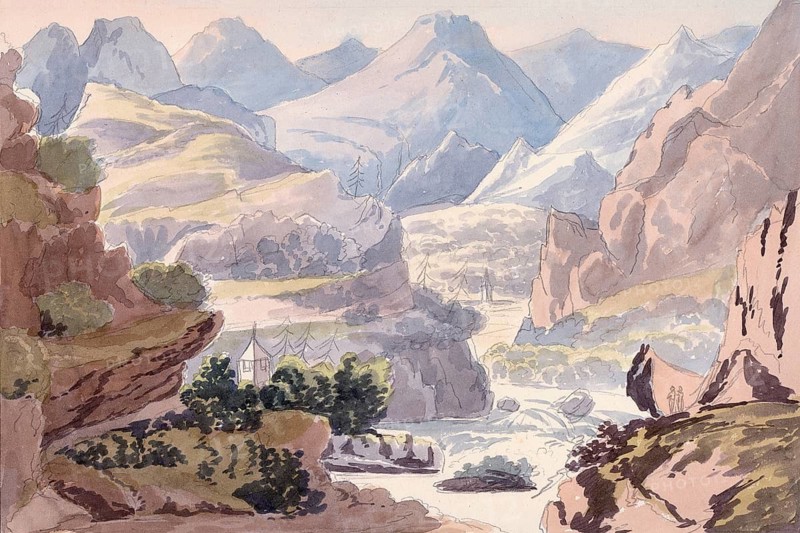 Landscape in the headwaters of the Ebro, at the mountain Tres Mares in the Sierra de Híjar in the Cantabrian Mountains, Spain, digital reproduction of a painting by Charles Hamilton Smith (1776-1859), historical
