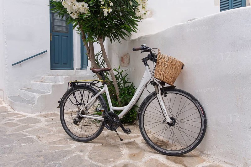 A bicycle with a basket leaning against a white wall next to a door and stone steps, surrounded by Mediterranean vegetation, Parikia Old Town, Paros, Clyclades, Greece