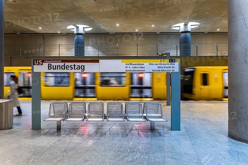 Bundestag underground station with station sign on the platform. Subway line U5. Berlin, Germany