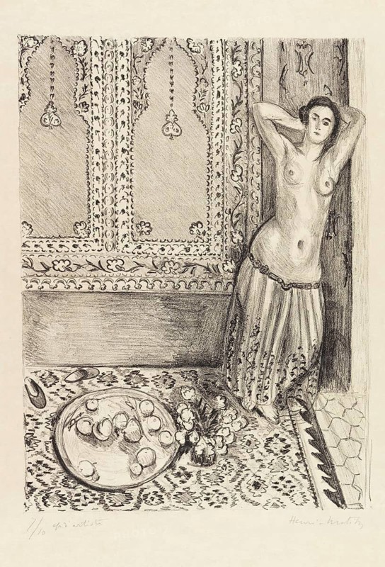 Henri Matisse, Henri Emile Benoit Matisse (born 31 December 1869, died 3 November 1954 in Cimiez), French painter, graphic artist, draughtsman, Classical Modernist. Here his work:, Odalisque debout au plateau de fruits (1924), Standing Odalisque with fruit platter, Odalisque standing at the fruit platter, Painting, Reproduction of the painting, Work of art, Historical, Nude woman leaning against decorative wall with oriental motif