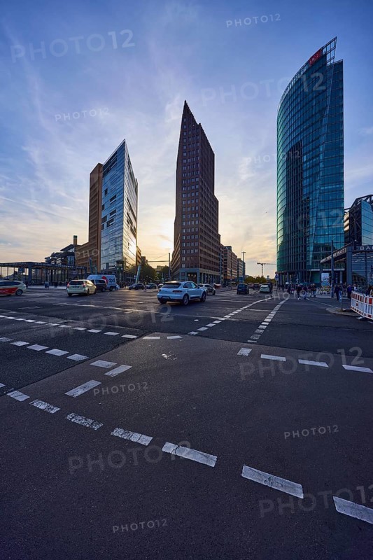 High-rise buildings Forum Tower and Kollhoff Tower in the backlight at Potsdamer Platz in Berlin, capital city, independent city, federal state Berlin, Germany