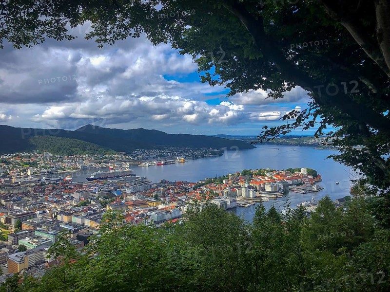 Bergen, Hordaland, Norway, View of the city of Bergen from the local mountain Fløyen