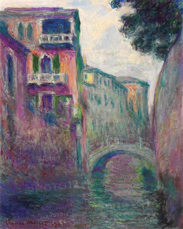 Claude Monet (b. 14 November 1840 in Paris as Oscar-Claude Monet, d. 5 December 1926) important French painter, Impressionist style. Here is his work, The Rio de la Salute, A canal in Venice with pastel-coloured buildings and a bridge in the Romantic style