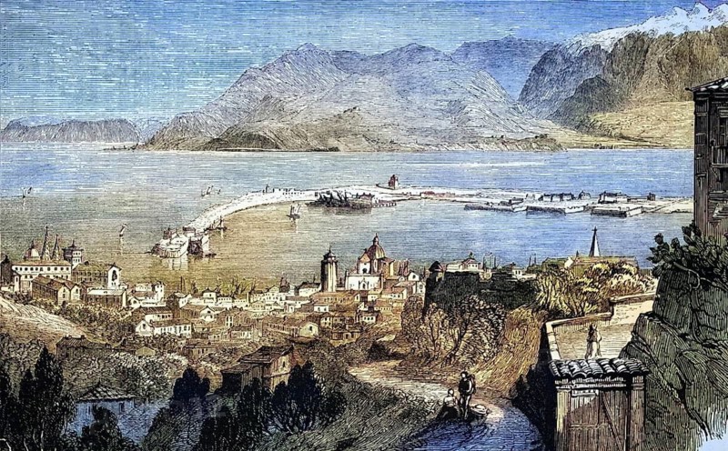 The city and harbour of Messina around 1860, the third largest city on the island of Sicily, Italy, digital reproduction of a historical model