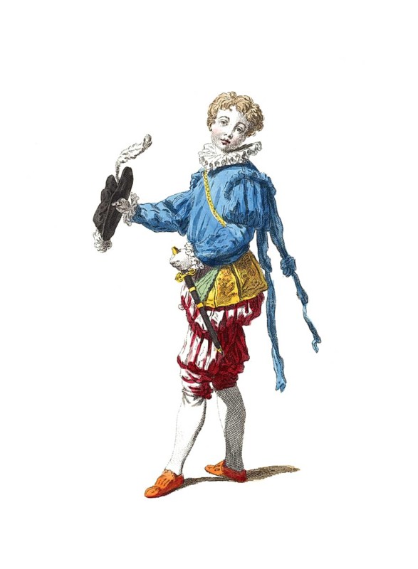 Historical clothing, fashion in the course of time, clothing style of an English person in the reign of Edward VI, England, digitally restored reproduction of a model from the 18th/19th century, exact date unknown, man in elegant Renaissance robe with feather and striped trousers, dynamic pose