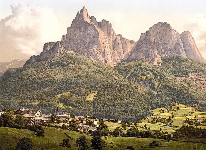 Siusi with the Sciliar massif, formerly Tyrol, Austria-Hungary, today South Tyrol, Italy, Historical, digitally restored reproduction from a 19th century original, Record date not stated