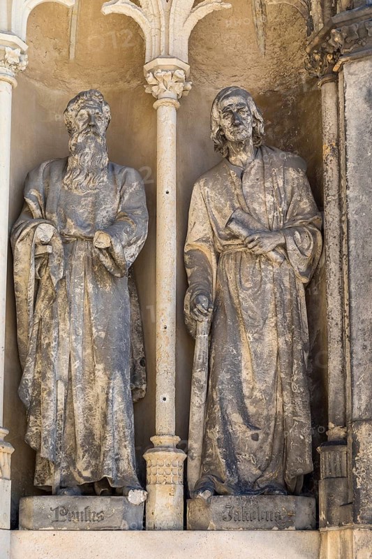 The evangelists St Paul and St James as large figures at the entrance to St James' Church, Freiberg, Saxony, Germany
