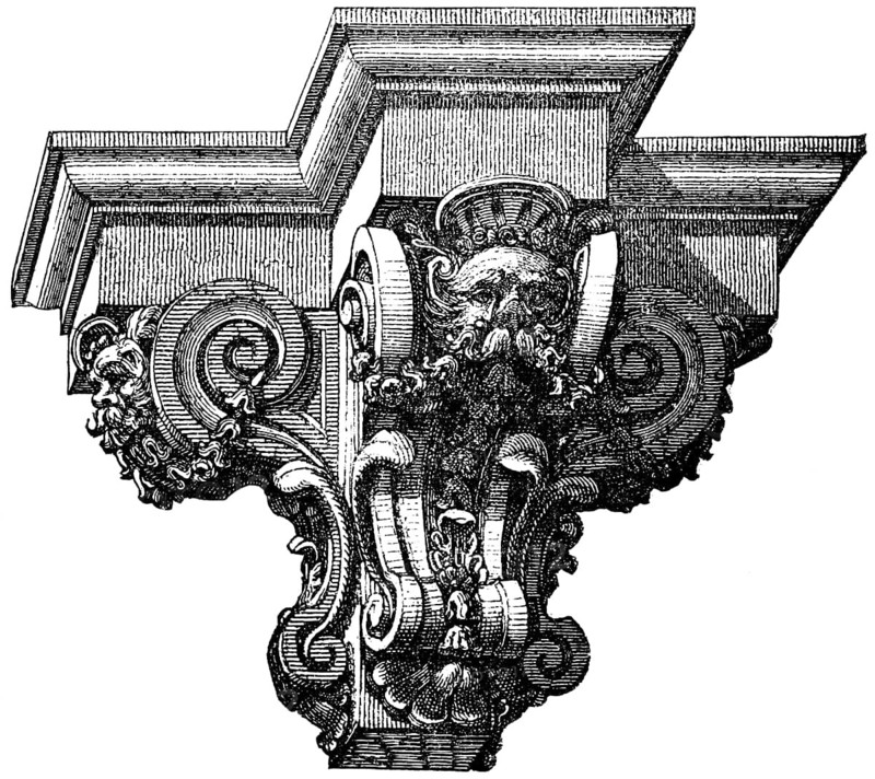 Baroque console, epoch, art history, 17th and 18th century, architecture, building, sandstone, face, curves, ornamentation, historical illustration 1880