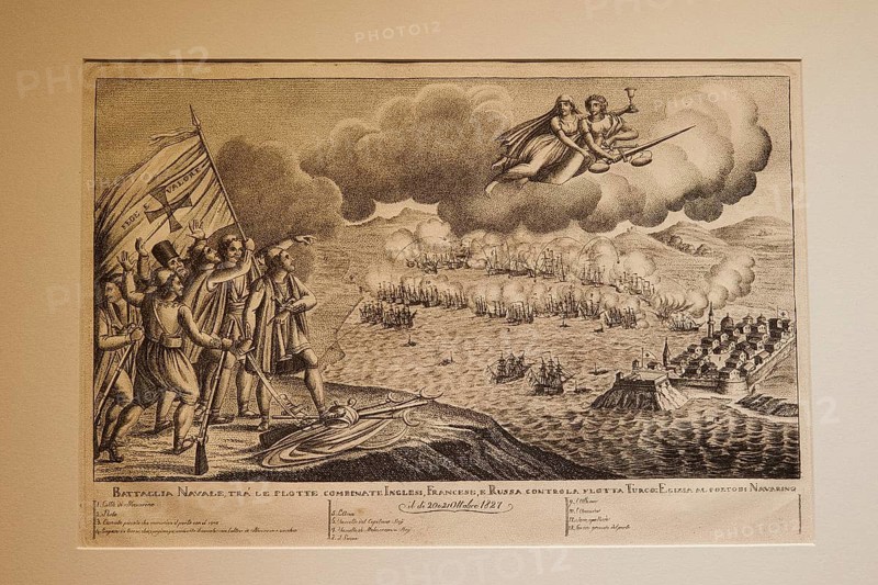 Historical depiction of a battle with flying figures and ships, Historical Museum, Battle of Navarino 1827, Tsiklitiria's House, Pylos, Peloponnese, Greece