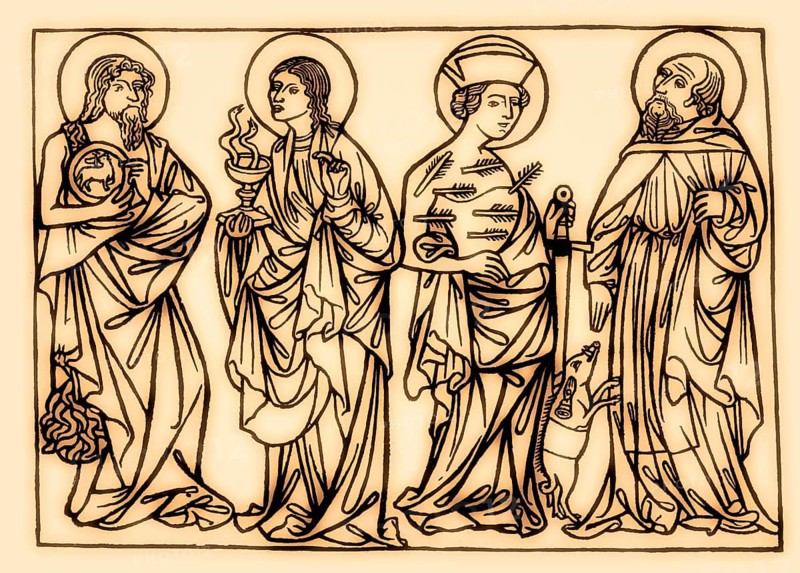 Saint Sebastian, John the Evangelist, Antony the Great, wood engraving, 1420