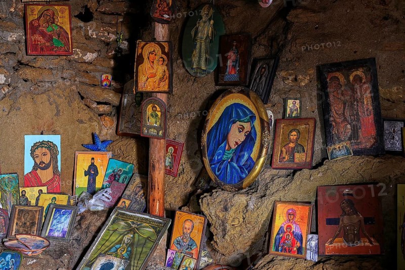 Close-up of icons in a cave with religious atmosphere, chapel, Agios Nikolaos, rock chapel, Oasis Beach, east coast Rhodes, Rhodes, Dodecanese, Greek Islands, Greece