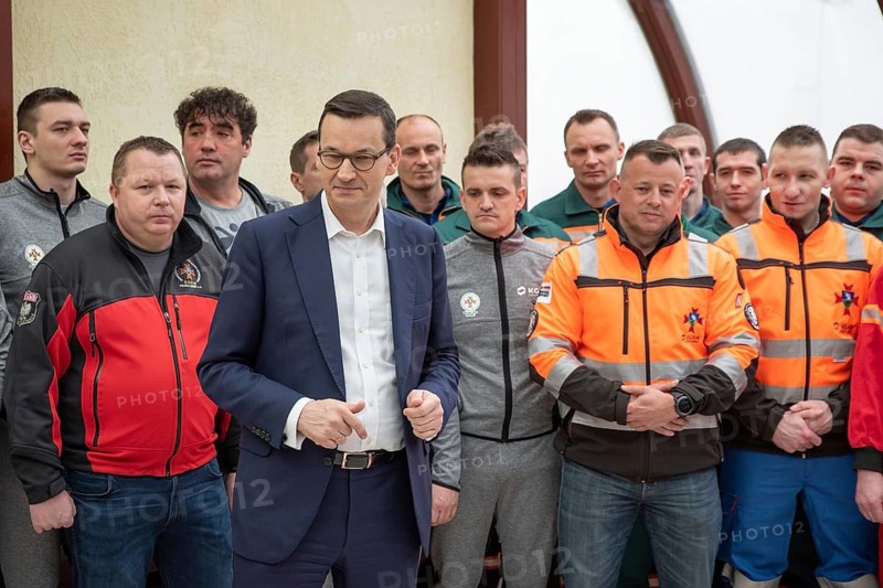 SOBIN, POLAND - JANUARY 31, 2019: Prime Minister of the government Mateusz Morawiecki visiting mine rescuers after a difficult rescue operation in the mine.