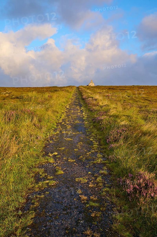 Grassy path leads to a hut under a partly cloudy sky, Moine House, Moine Track, Lairg, Scotland, United Kingdom, United Kingdom