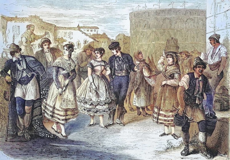 Citizens in Spain in typical dress around 1870, from left, Murca, Aragon, Valencia, Andalusia, Castilla, Asturias, Historic, digitally restored reproduction of an original 19th century artwork, exact original date unknown
