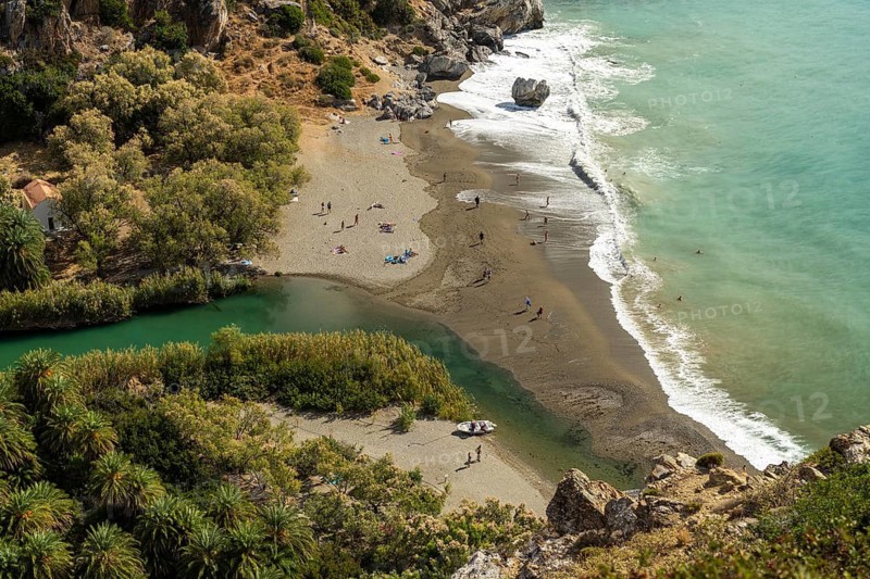 Mouth of the river Megalopotamos at the palm beach of Preveli, Crete, Greece