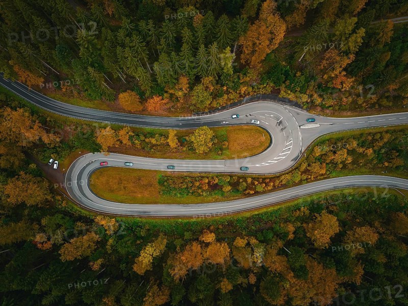 S-bend in the deep autumn forest, Hirsau, Calw, Black Forest, Germany