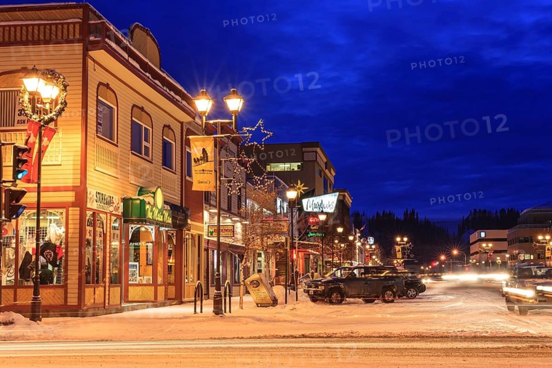 Historic buildings, houses, city, cars, shops, shopping, twilight, blue hour, illuminated, winter, snow, Whitehorse, Yukon, Canada