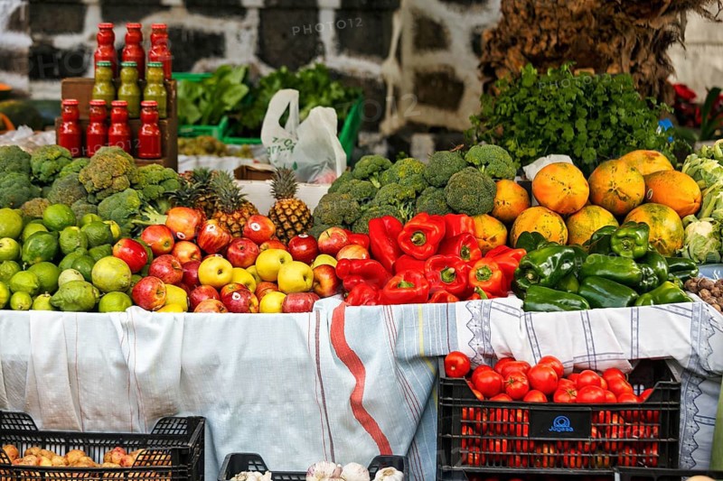 Fresh fruit and vegetables, market stall, weekly market market in Arrecife, Lanzarote, Spain