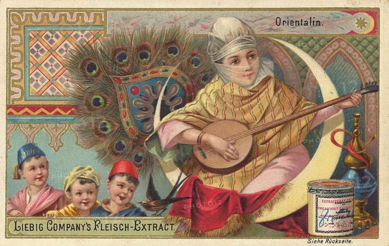 Picture series Women of the World, Woman from the Orient, Oriental woman, Liebig picture, digitally restored reproduction of a collector's picture from ca 1900, public domain, exact date unknown, Oriental woman with musical instrument, surrounded by decorative elements, children present