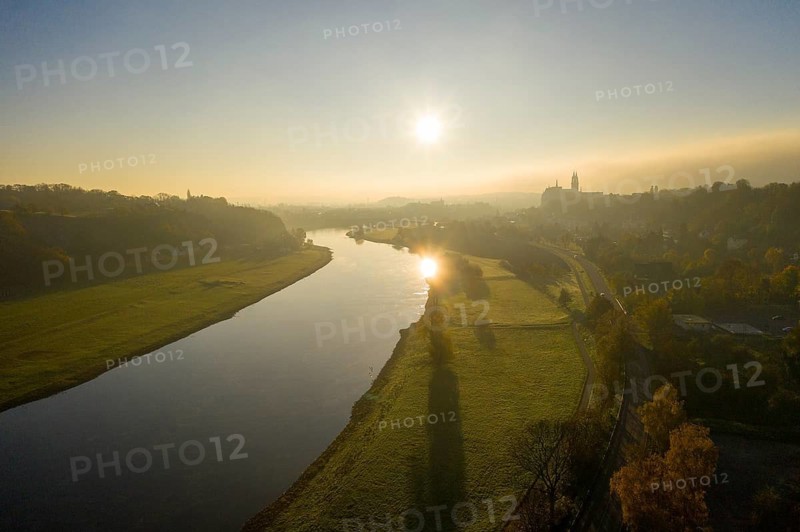 Aerial view in morning fog, Elbe valley with Albrechtsburg Meißen, Saxony, Germany