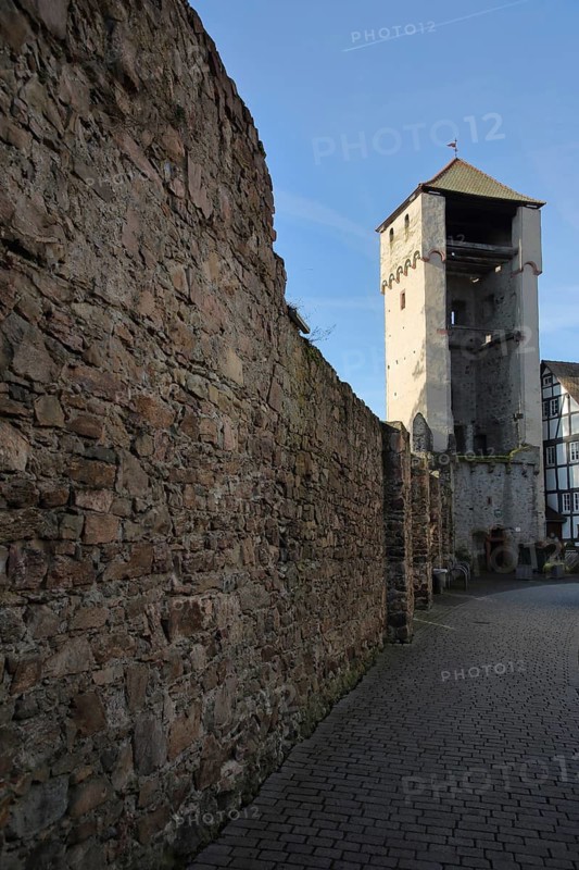 Historic hollow witch's tower with town wall, Babenhausen, Hesse, Germany