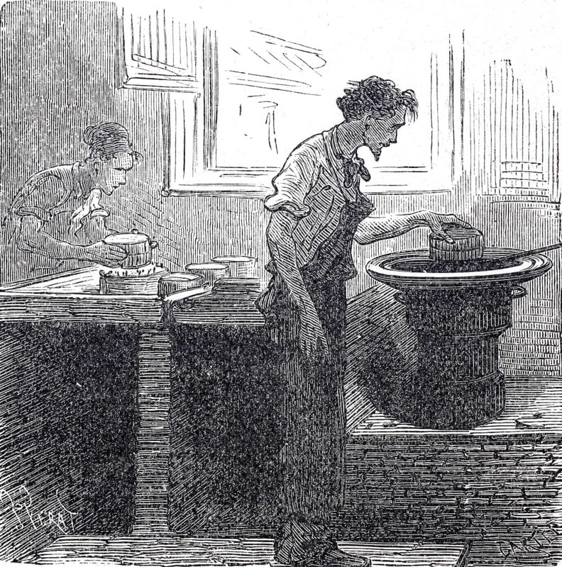 Production of matches, impregnation of the wood by hand, around 1830, digitally improved reproduction of a 19th century model, historical