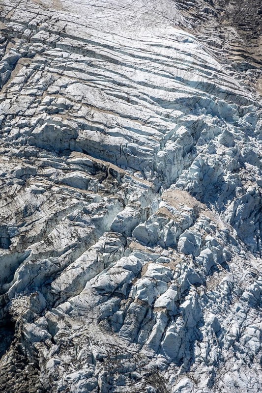 Glacier ice, rutted glacier with crevasses, Glacier de Taconnaz, Chamonix, Haute-Savoie, France