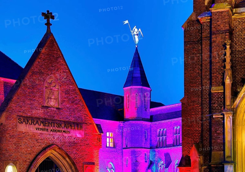 Kevelaer in the light, light installation sacrament chapel and confession chapel in the evening, Kevelaer, Lower Rhine, North Rhine-Westphalia, Germany