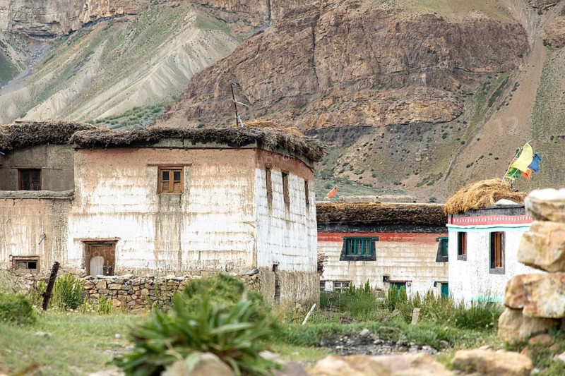 Traditional houses with flat roofs and natural materials sit quaintly in Spiti Valley, India, surrounded by rugged mountains and hints of green vegetation