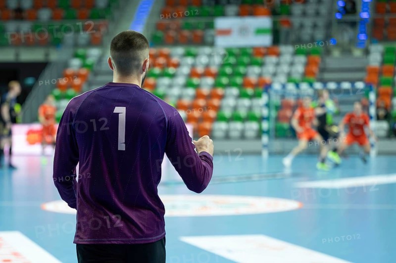 Handball goalkeeper's victory gesture and handball match in the background
