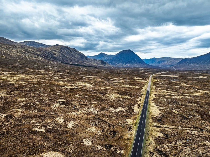 Rannoch Moor from a drone over Loch Ba and Loch of the Armpit, A82 Highland Way, Argyll and Bute, West Highlands, Scotland, United Kingdom