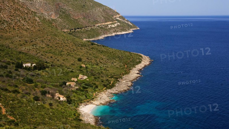 Coastline, turquoise bay, small pebble beach, houses, hiking trail, Zingaro, national park, nature reserve, northwest, Sicily, Italy