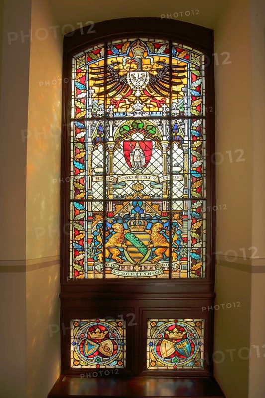 Stained glass window from the castle, arts and crafts, stained glass, coat of arms, interior view, Mylau, Reichenbach, Vogtland, Saxony, Germany
