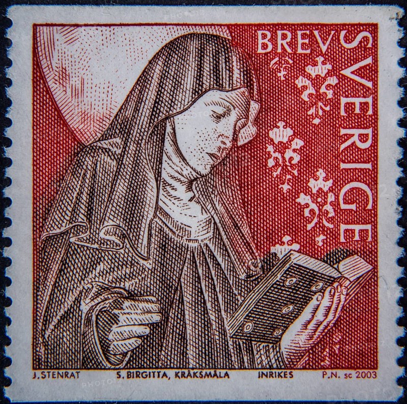 Birgitta Birgersdotter, also known as Saint Birgitta, 1303, 1373 a Swedish Catholic writer, theologian and order and monastery founder of the Birgittine Order. Portrait on Swedish postage stamp