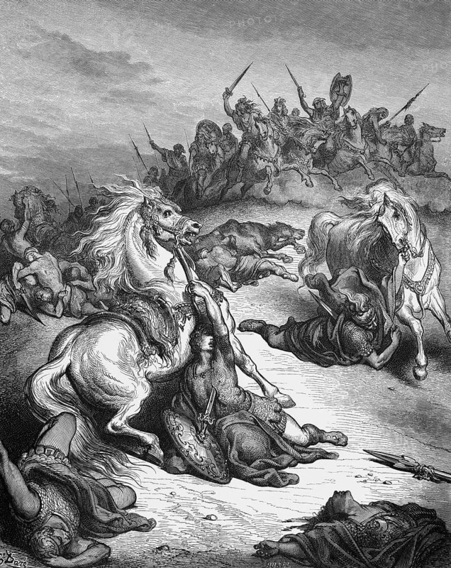 The death of Saul, Saul himself grabs the sword and plunged himself into it, First Book of Samuel, chapter 31, verse 4, Bible, Old Testament, story, Gilboa mountains, wild battle, combat, rider, death, pain, suicide, army, weapons, sword, lances, shields, horses, murder, sacrifice, suffering, historical illustration based on Gustave Doré around 1880