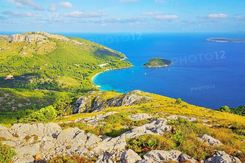 Elevated view of Formentor beach and coastline, Mallorca, Balearic Islands, Spain