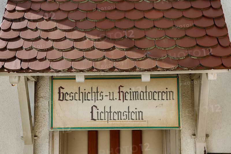 Handwritten sign, writing, Lichtenstein History and Local History Society, entrance, roof, roof tile, Unterhausen, Lichtenstein, Reutlingen district, Baden-Württemberg, Germany
