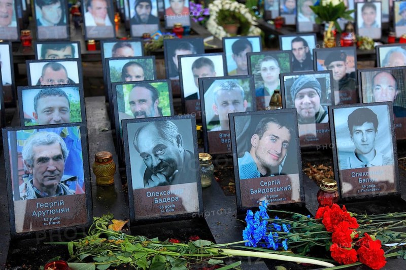 Commemorating the dead from the bloodiest Maidan demonstration in February 2014, pictures of the victims, Kiev, Ukraine